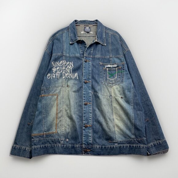 VTG PELLE PELLE Marc Buchanan Denim Jean Jacket Men XL Y2K Distressed 1978 - Picture 1 of 15